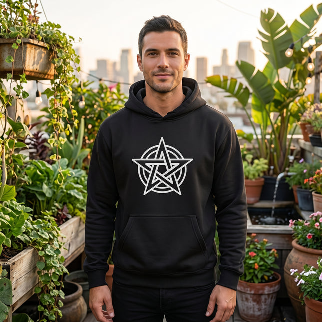 White pentagram pentacle graphic on a black unisex occult hoodie.