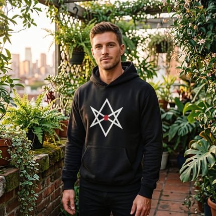 Black hoodie featuring the Unicursal Hexagram occult symbol with a red flower detail.