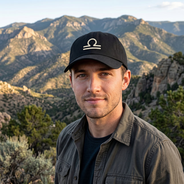 Black dad cap featuring the embroidered Libra zodiac sign symbol.