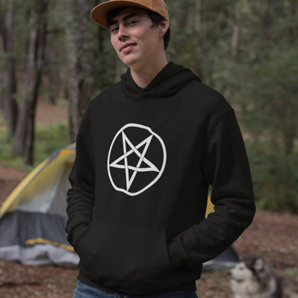 Inverted pentagram graphic print on a black pullover hoodie featuring an upside-down pentacle design.