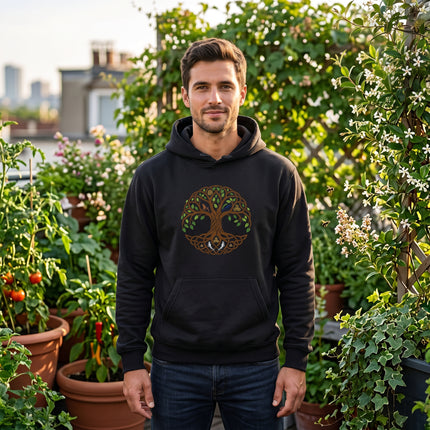 Black hoodie with Celtic Tree of Life graphic. World Tree design for spiritual and pagan wear.