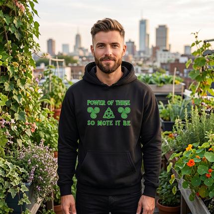 Pagan "Power of Three" and "So Mote It Be" triskelion symbol graphic hoodie.