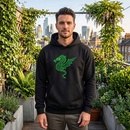Green Celtic dragon knotwork graphic on black unisex pullover hoodie.