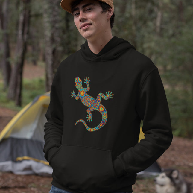Huichol Lizard Hoodie | Colorful Mexican Folk Art Gecko Pullover Hoodie