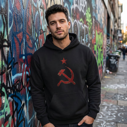 Black hoodie with distressed red hammer and sickle communist symbol.