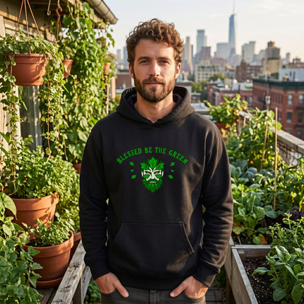 Black Green Man hoodie featuring a nature leaf graphic for pagan or earth spirit apparel.