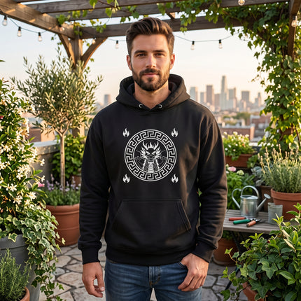 Black hoodie featuring a fierce Chinese dragon graphic and geometric pattern, symbolizing power and strength.