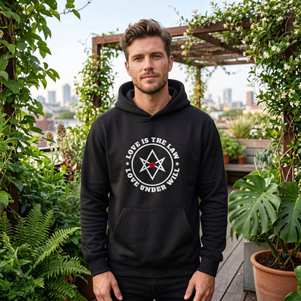 Black pullover hoodie with Love Is The Law hexagram occult design.