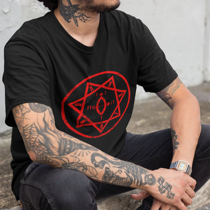 Star of Babalon occult symbol graphic t-shirt for pagan celestial deity apparel.