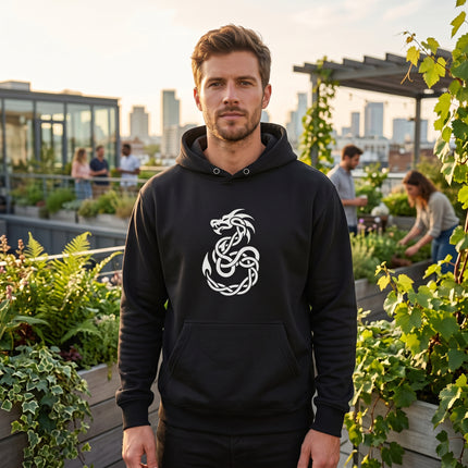 Celtic dragon knotwork graphic on a black unisex hoodie.