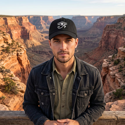 Embroidered Eye of Ra symbol on a black baseball cap.