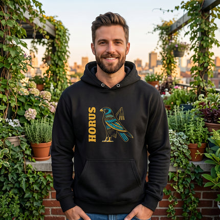 Horus falcon graphic hoodie featuring ancient Egyptian mythology design.