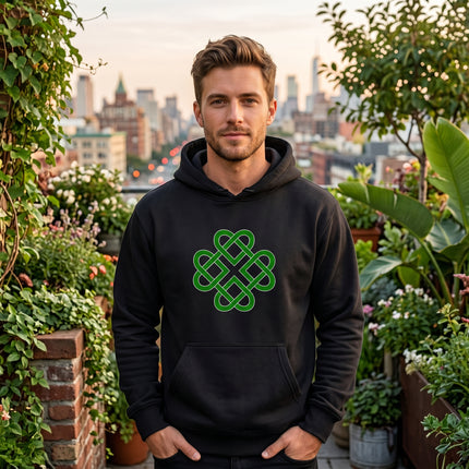 Green Celtic knot clover design on a black unisex pullover hoodie.