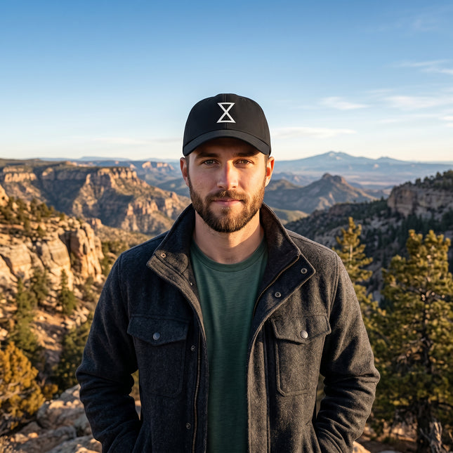 Black dad hat with white embroidered Kapemni duality symbol. Minimalist baseball cap design.