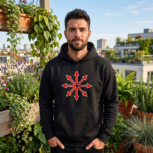 Black pullover hoodie featuring a red chaos star symbol graphic print.