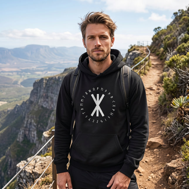 Black rune hoodie featuring a white bind rune and Elder Futhark symbols. Norse Viking mythology apparel.