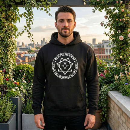 Black Thelema graphic hoodie featuring the Star of Babalon symbol and occult text.
