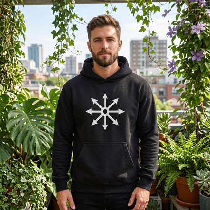 Black hoodie featuring a white chaos star symbol graphic.