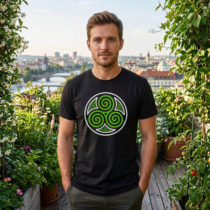 Black t-shirt with a green and white Celtic Triskelion triple spiral symbol graphic.