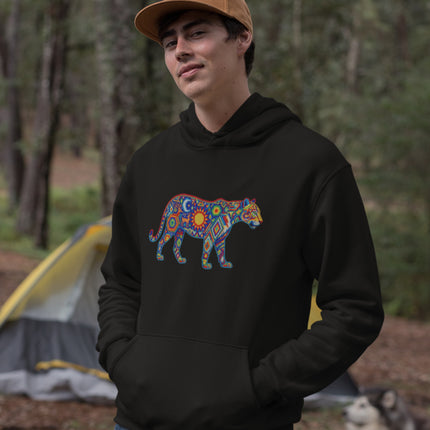 Colorful Huichol Jaguar graphic hoodie featuring vibrant indigenous folk art design on fleece pullover.