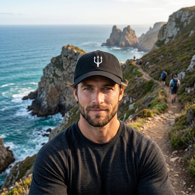 Black baseball cap with embroidered trident symbol, representing Poseidon.