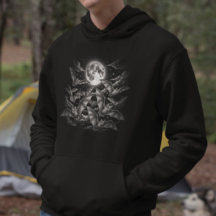 Gothic full moon and flying bats graphic on a black pullover hoodie. Celestial night sky design.