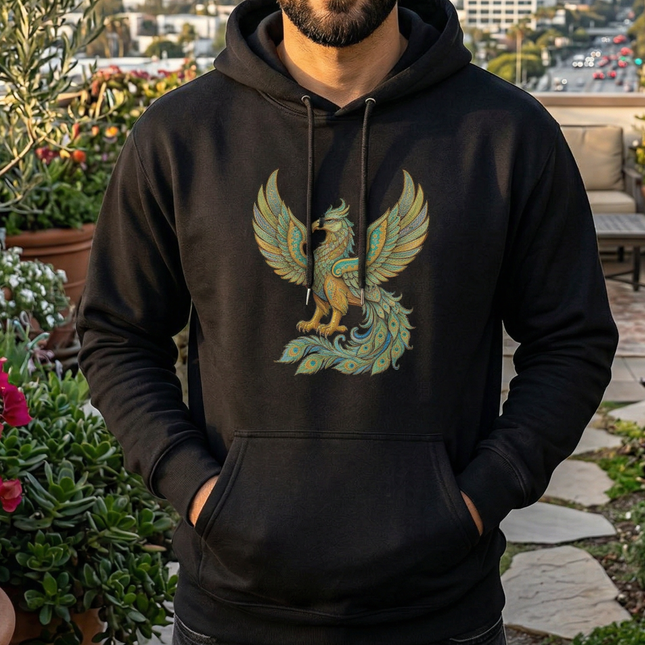 Homa Bird graphic on black hoodie, featuring gold and teal Persian mythology phoenix design.