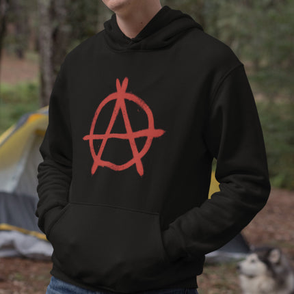 Red distressed anarchy symbol graphic on a black unisex pullover hoodie.