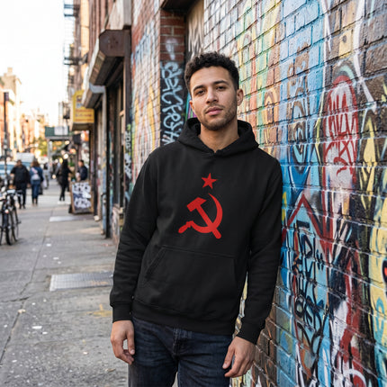 Black hoodie featuring red Hammer and Sickle and Red Star communist symbols.