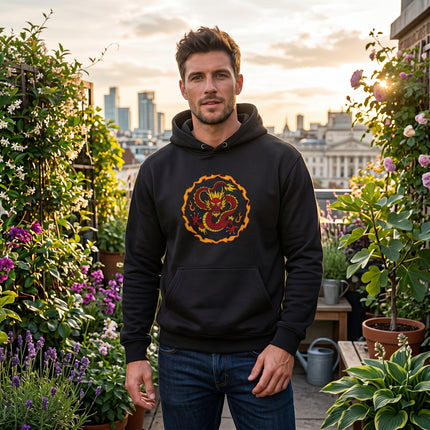Black hoodie featuring a powerful, fiery Chinese dragon graphic print. Unisex streetwear design.