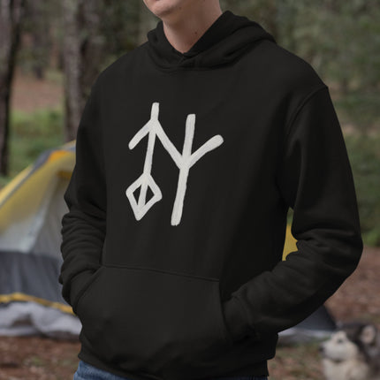 Black hoodie featuring a white Norse rune symbol, representing ancient wisdom and mythology.
