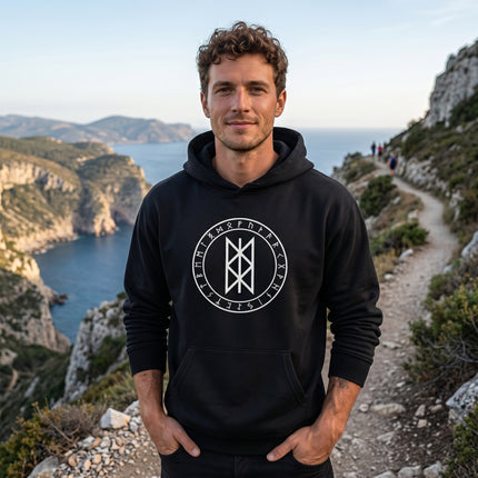 Norse rune circle hoodie featuring the Web of Wyrd symbol. Viking mythology apparel.