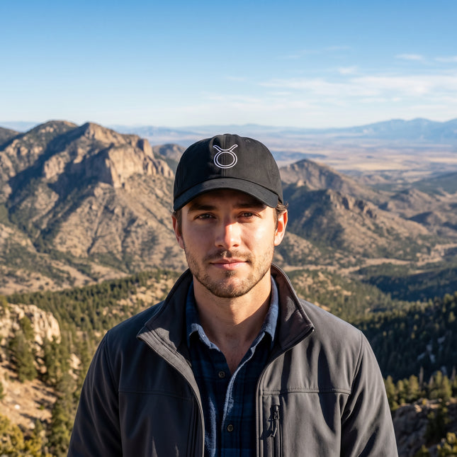 Black baseball cap featuring embroidered Taurus zodiac sign. Stylish men's astrology hat.