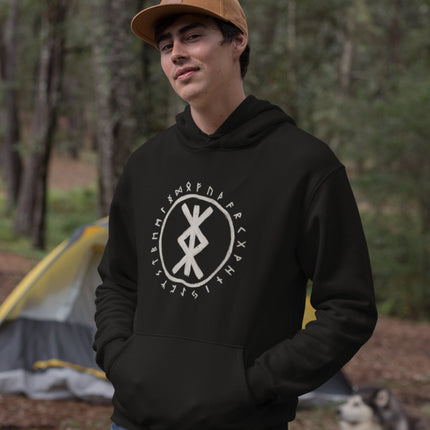 Black hoodie featuring Norse runes and the protective Bind Rune symbol.