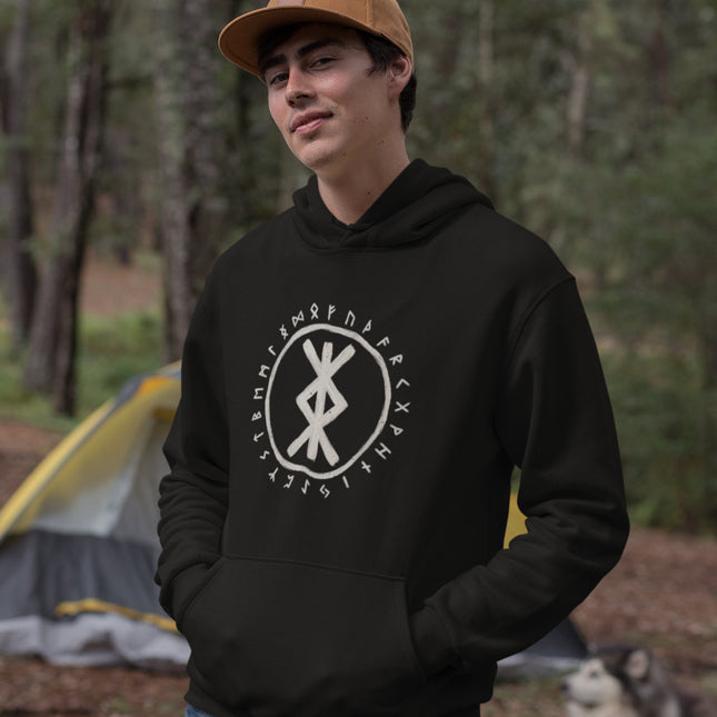 Black hoodie featuring Norse runes and the protective Bind Rune symbol.