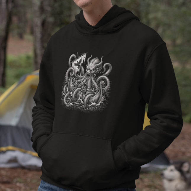Kraken and Viking ship graphic featuring Norse mythology sea monster art.