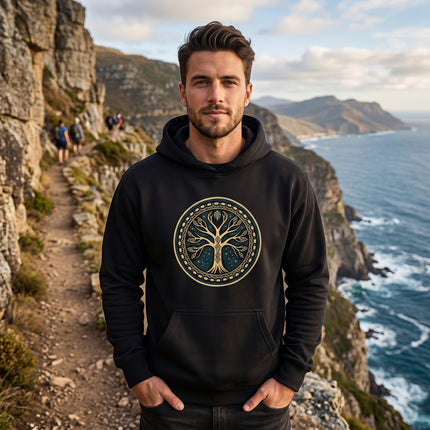 Yggdrasil World Tree hoodie featuring gold and teal Norse mythology graphic print.
