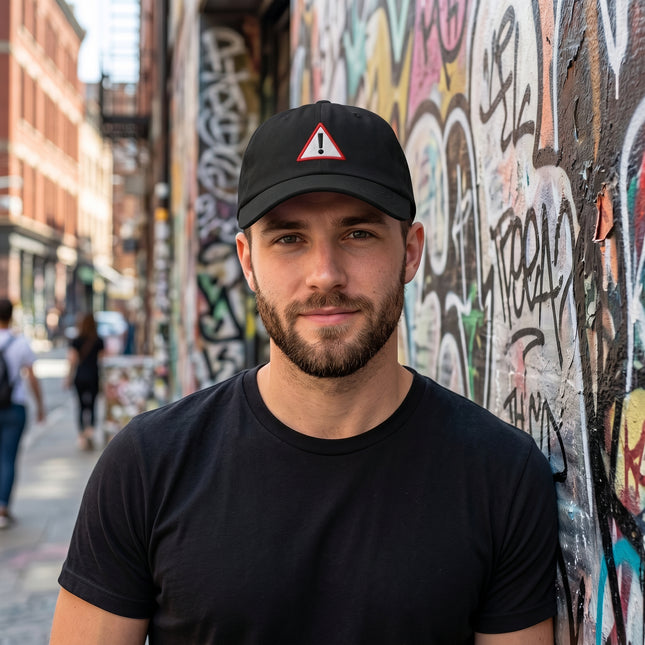 Black baseball cap with red embroidered warning symbol and exclamation mark.