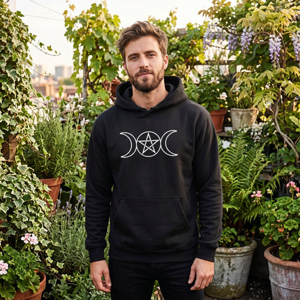 Black hoodie featuring a white triple moon and pentagram symbol design.