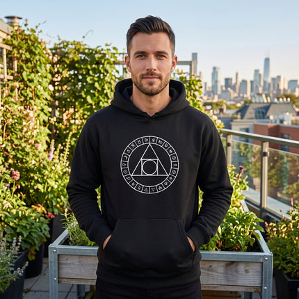 Black hoodie featuring sacred geometry and alchemical symbols, representing the philosopher's stone.