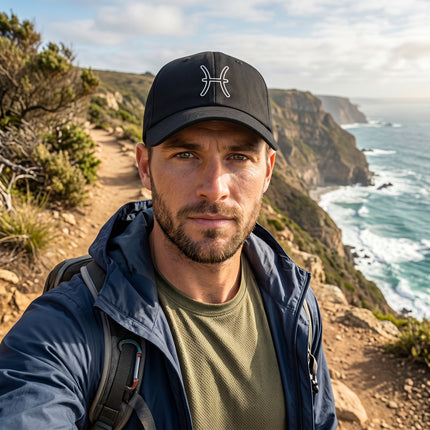 Black baseball cap featuring the embroidered Pisces zodiac sign for astrology lovers.