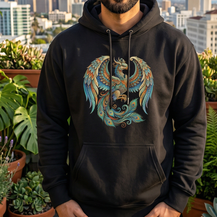 Vibrant phoenix mythology graphic on a black hoodie, featuring blue and gold oriental art.