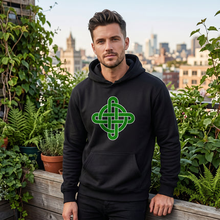 Black hoodie featuring a vibrant green Celtic knot graphic. Unisex pullover sweatshirt design.