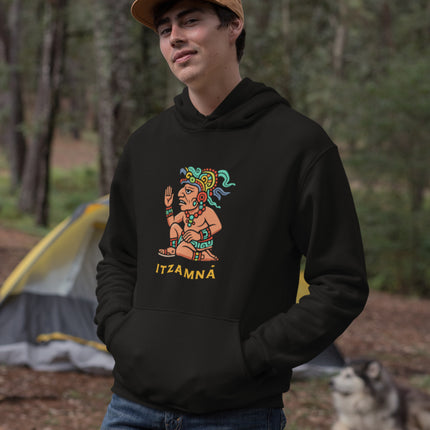 Ancient Mayan god Itzamná graphic print on a unisex mythology pullover hoodie.
