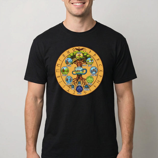 Norse Yggdrasil Nine Worlds Tree T-Shirt | Nine Realms Runes Midgard Serpent