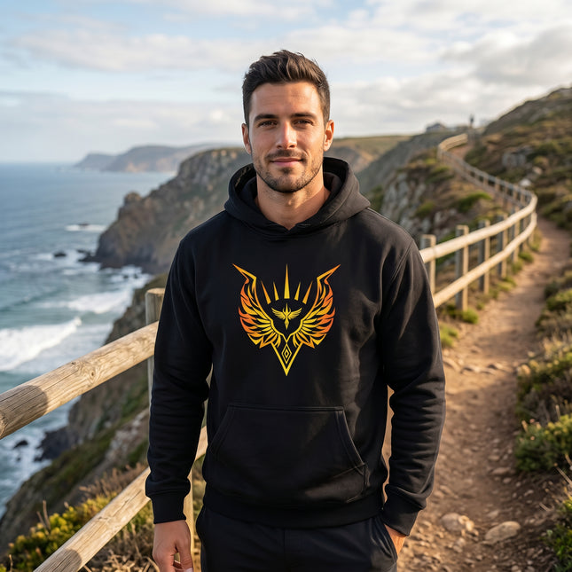 Black pullover hoodie featuring a gold Valkyrie Norse mythology graphic emblem.