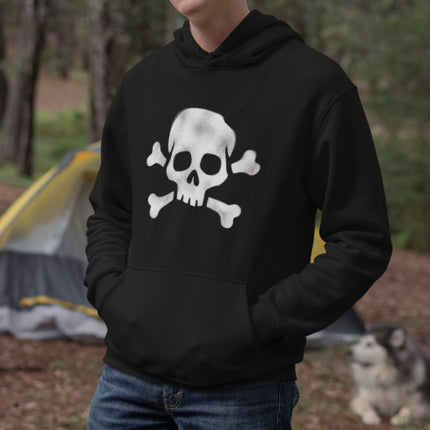Black hoodie featuring a white skull and crossbones skeleton graphic.