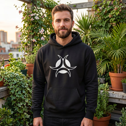 Black triple moon symbol graphic hoodie for pagan or witchy apparel.