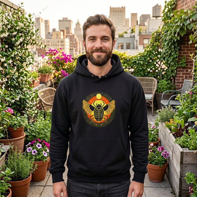 Golden Khepri scarab graphic on a black unisex pullover hoodie featuring Egyptian mythology.
