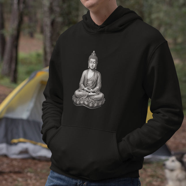 Meditating Buddha seated on a lotus flower, symbolizing peace, zen, and spiritual enlightenment.